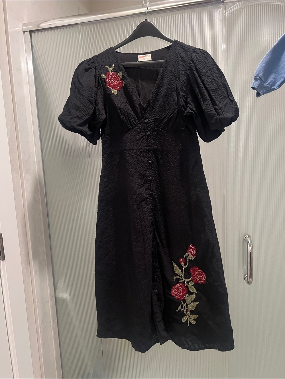 Black Rose-Embroidered Midi Dress